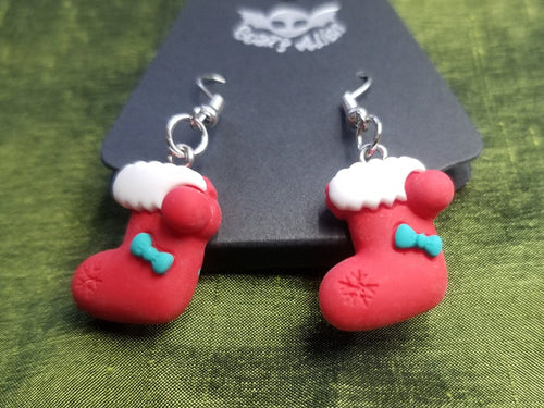 Red Christmas Stocking Earrings Scary Aliens