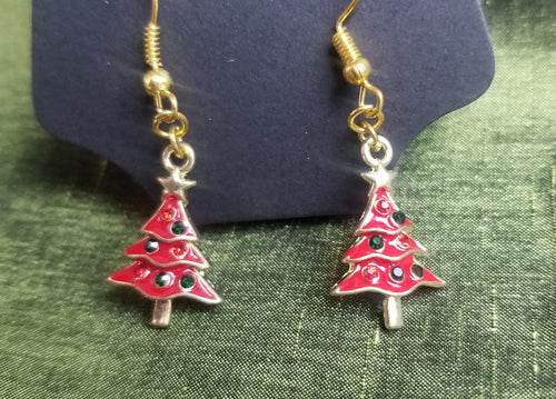 Red Christmas Tree Gold Enamel Charm Earrings Scary Aliens