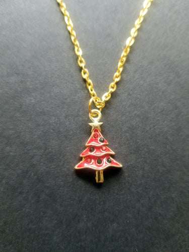 Red Christmas Tree Gold Enamel Charm Necklace Scary Aliens