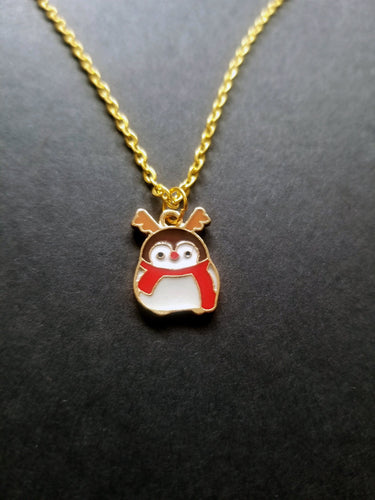 Reindeer Penguin  Gold Christmas Enamel Charm Necklace Scary Aliens