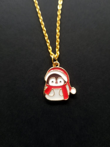 Santa Penguin Christmas Gold Enamel Charm Necklace Scary Aliens