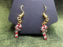 Load image into Gallery viewer, Small Candy Cane Gold Enamel Charm Earrings Scary Aliens
