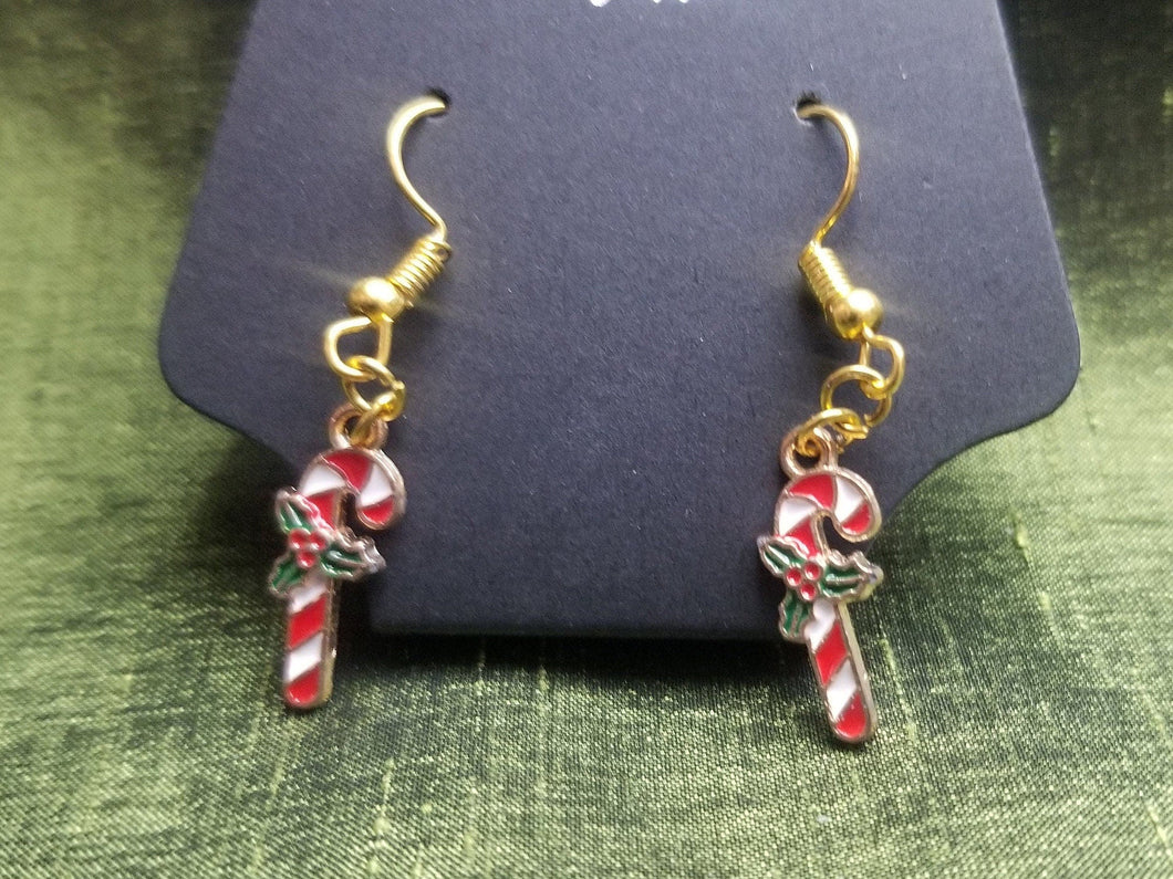 Small Candy Cane Gold Enamel Charm Earrings Scary Aliens