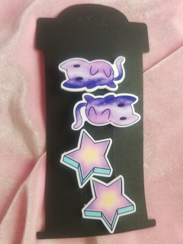 Space Cat and Stars Barrettes Set Scary Aliens