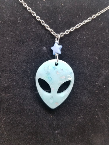 Star Boy Alien Head Necklace- Baby Blue Scary Aliens