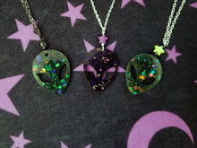 Load image into Gallery viewer, Star Boy Alien Head Necklace- Black Glitter Scary Aliens
