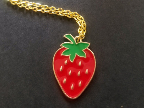 Strawberry Gold Enamel Charm Necklace Scary Aliens