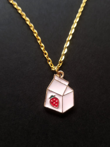 Strawberry Milk Gold Enamel Charm Necklace Scary Aliens