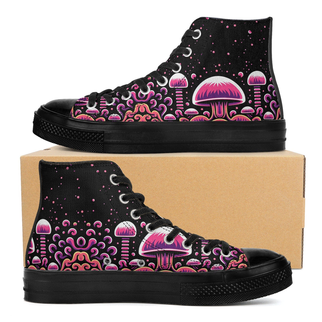 Trippy Mushroom Mens High Top Canvas Shoes- Magenta Scary Aliens