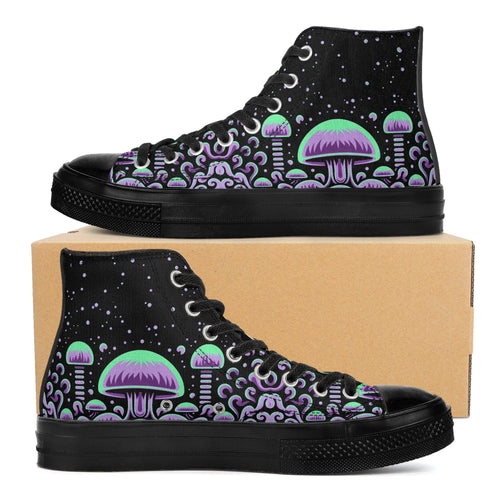 Trippy Mushroom Mens High Top Canvas Shoes- Purple Scary Aliens