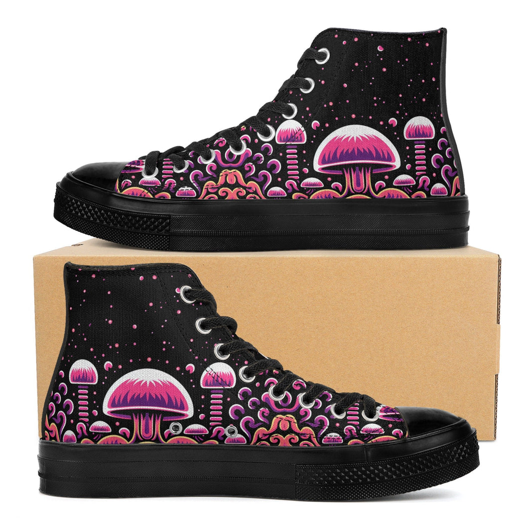 Trippy Mushroom Womens High Top Canvas Shoes- Magenta Scary Aliens