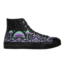 Load image into Gallery viewer, Trippy Mushroom Womens High Top Canvas Shoes- Purple Scary Aliens
