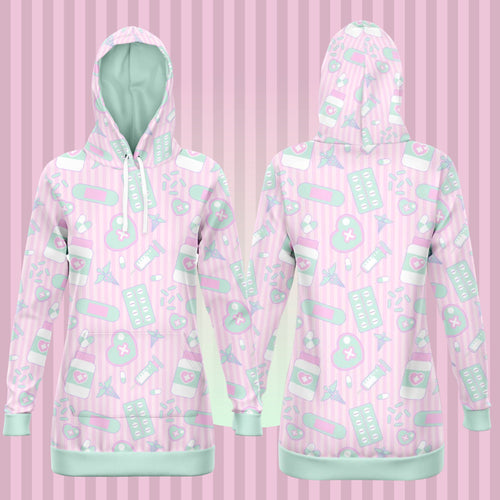 Yami Kawaii Hoodie Dress- Pink Scary Aliens