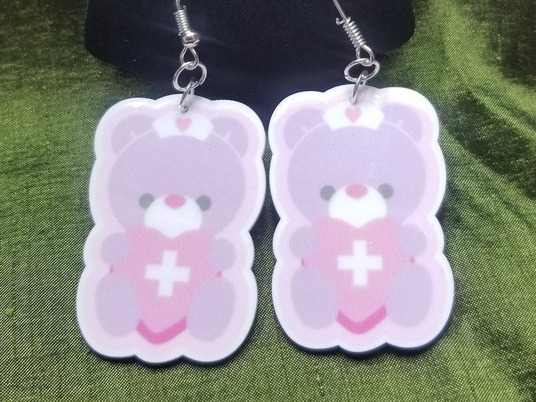 Lavender Nurse Bear Earrings